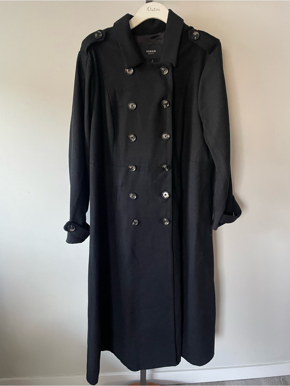 Torrid Wool Blend Double Breasted Military Maxi Trench Coat Black Plus Size
